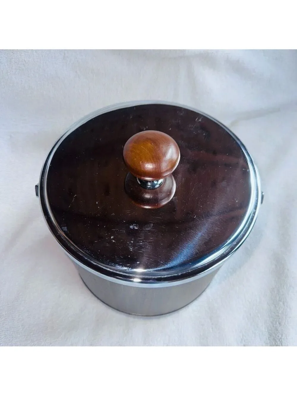 Vintage Atapco MCM Faux Wood Grain Vinyl Chrome Ice Bucket Mid Century USA
